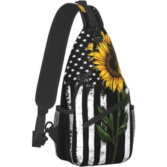 Sunflower And American Flag Crossbody Sling Backpack Shoulder Chest Urben Sling